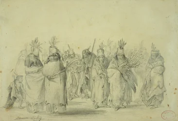 Tanz der Mandan-Frauen, ca. 1833-43 (Bleistift, Feder und Aquarell auf Papier)